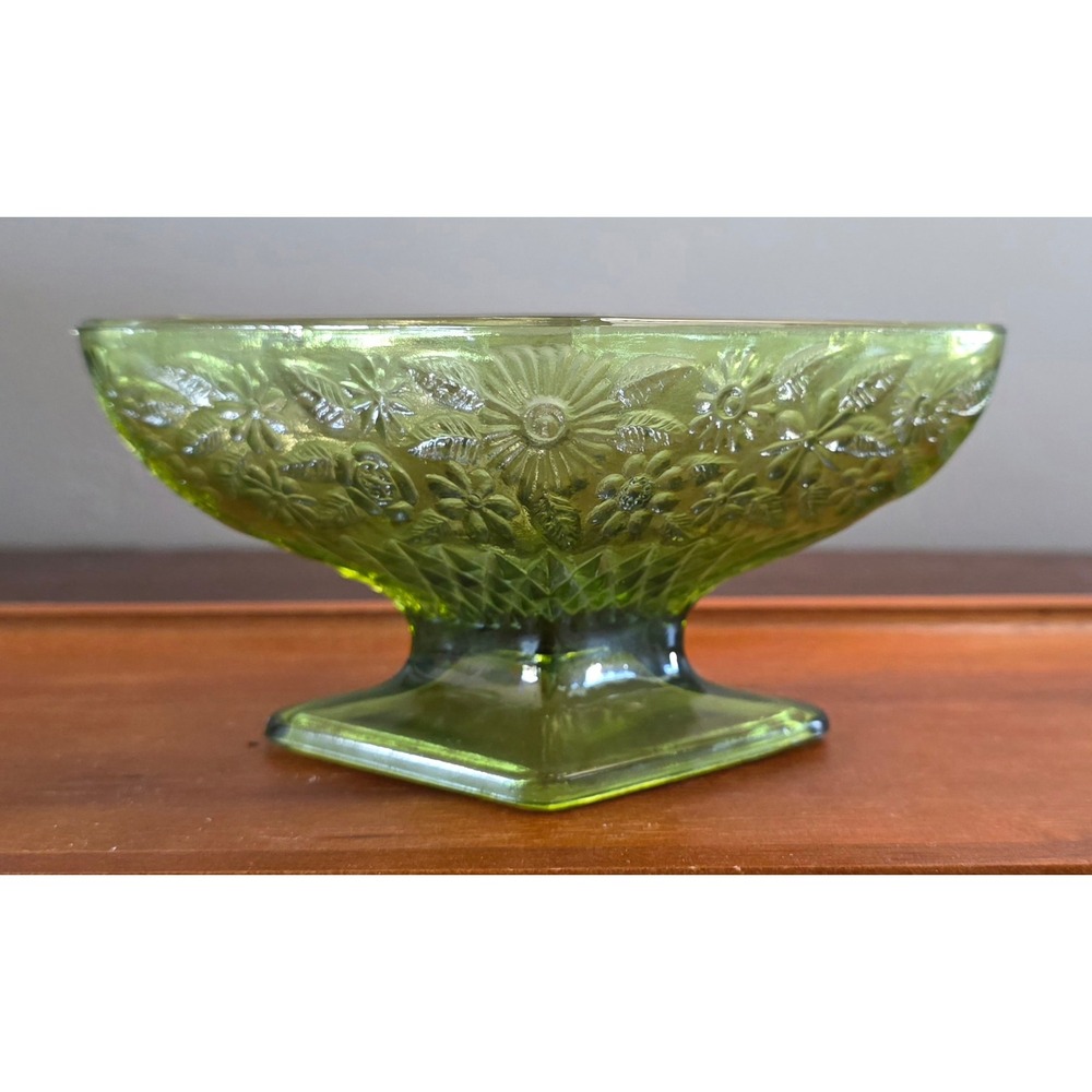 Vintage Green Pressed Glass Floral Diamond Footed Bowl Compote Dish